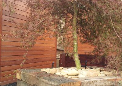 HSC Constructions Outdoor living landscape gardening design, railway sleeper tree planter with stone feature 庭园 景观工程 | 庭园造景 | 庭院规划